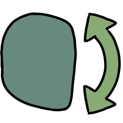 a featureless green profile head shape. to the right is a curved two-sided arrow that points up and down.